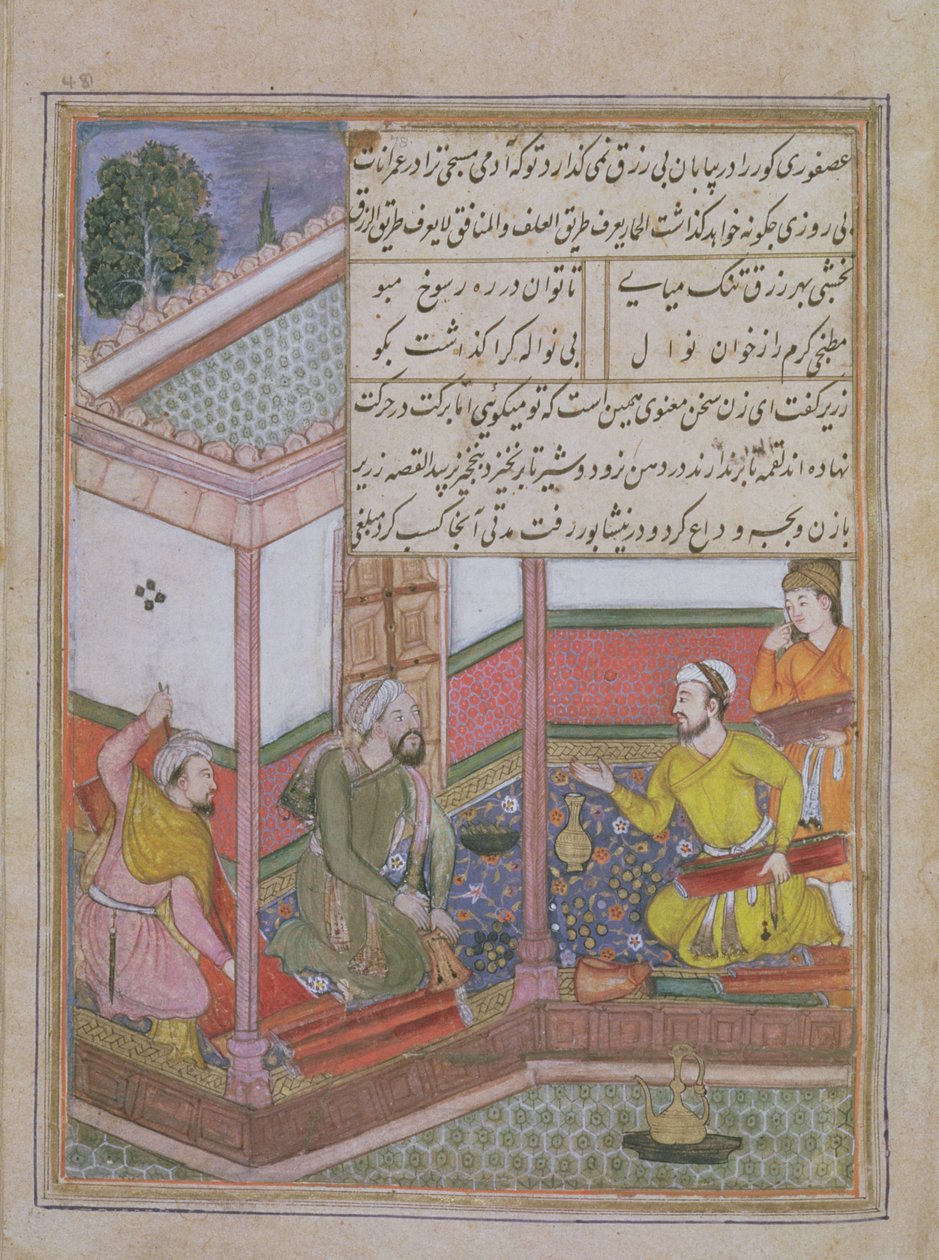 सत्ताईसवीं रात: जरीर और दो अन्य बुनकर तुतीनामा (तूतीनाम) c.1580 (वेल्लम) से एक पर्स रखने वाले व्यक्ति को कपड़ा बेचते हैं। द्वारा अज्ञात
