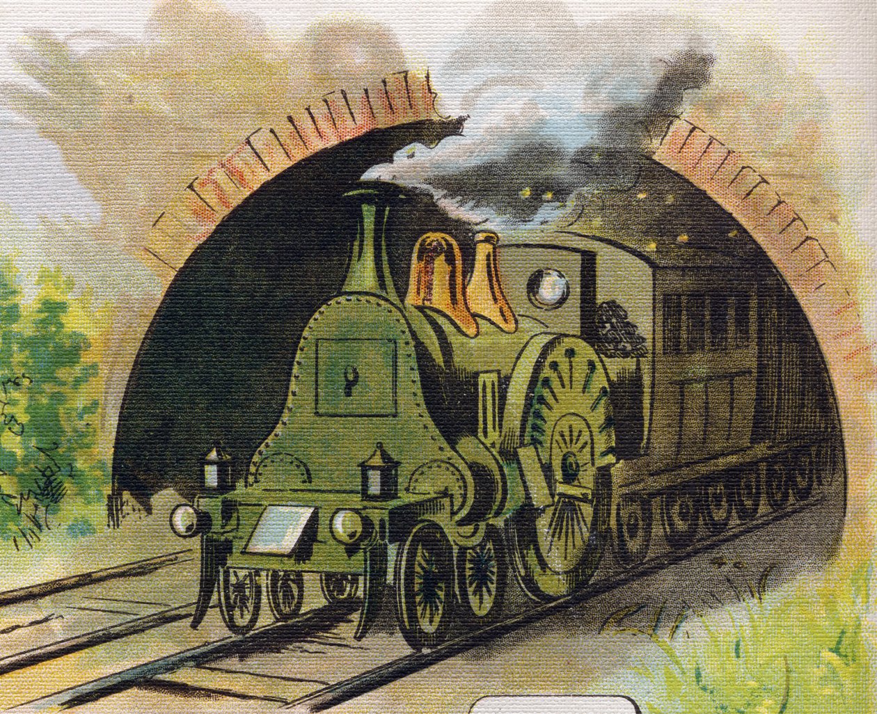 एक सुरंग छोड़कर ट्रेन। "एबीसी ल'अल्फाबेट डेस बेब्स" में उत्कीर्णन। क्रोमोलिथोग्राफी में कैनवास पर अटूट मात्रा। ए कैपेंदु, संपादक, पेरिस। 20वीं सदी की शुरुआत में, 1905 के आसपास। अंग्रेजी मूल की इमेजरी, प्रत्येक के अनुरूप फ्रेंच में शब्दों के स द्वारा अज्ञात