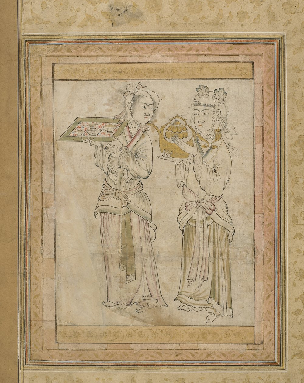 एक चाय की सेवा करने वाली दो महिलाएं, ईरान या वर्तमान अफगानिस्तान, तिमुरिड वंश (स्याही, रंग और कागज पर सोना) द्वारा अज्ञात