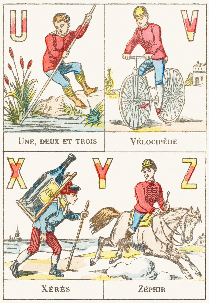 UVXYZ; यू: एक, दो और तीन; वी: वेलोसिपेड; X: Xeres; Z: Zephir - खेल वर्णमाला, c.1890 (उत्कीर्णन) द्वारा अज्ञात
