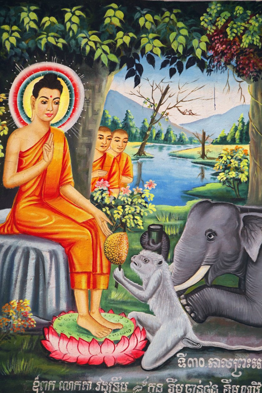 वाट पिची उडोंग में दीवार पेंटिंग: बुद्ध के जीवन का दृश्य। बुद्ध को एक बंदर ने खिलाया जब वे कंपोट कंबोज का उपवास कर रहे थे द्वारा अज्ञात