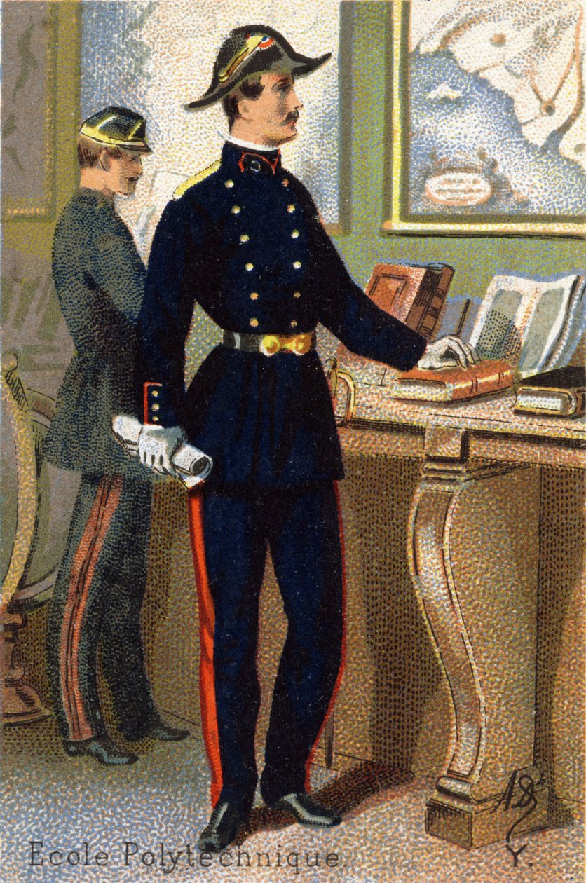 वाई: पॉलिटेक्निक स्कूल। "सैन्य वर्णमाला" में उत्कीर्णन। इलस्ट्रेटर के आद्याक्षर: AD अज्ञात प्रकाशक। 19 वीं सदी के अंत में क्रोमोलिथोग्राफ। मंद: 10,5x7 सेमी। द्वारा अज्ञात