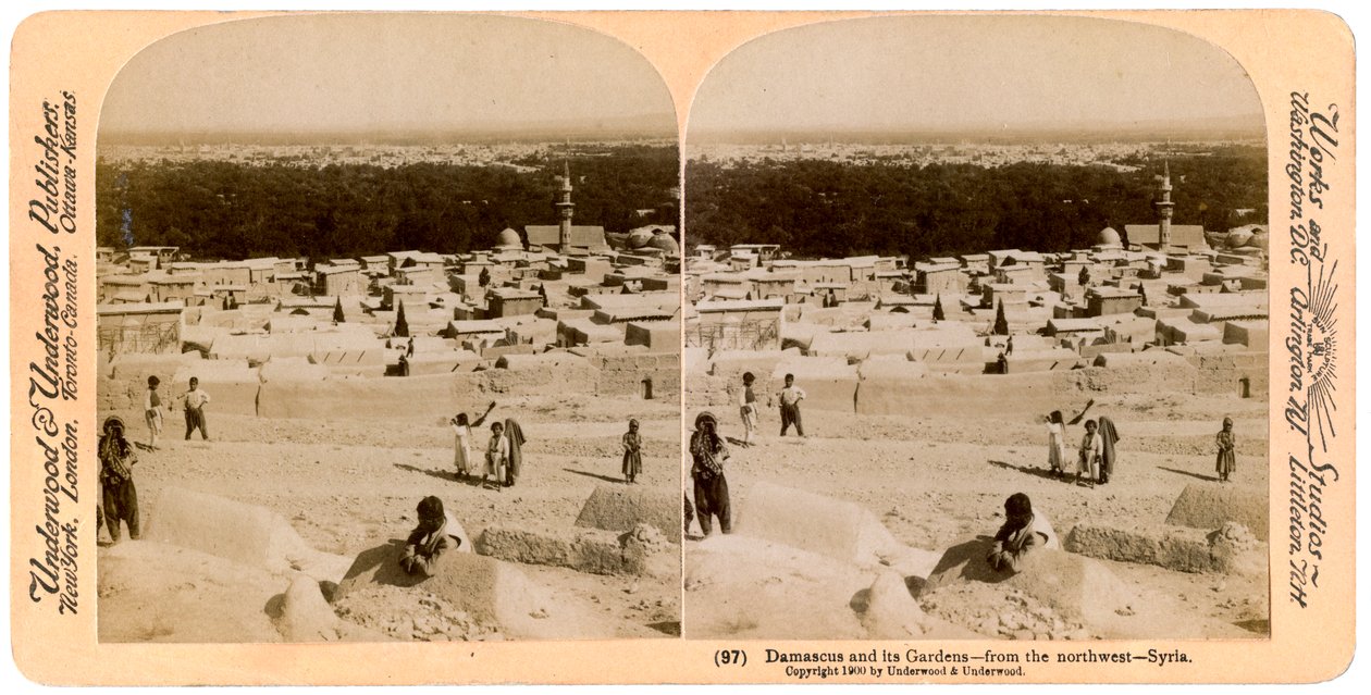 दमिश्क और इसके उद्यान, जैसा कि उत्तर-पश्चिम, सीरिया, 1900 से देखा जाता है। द्वारा अंडरवुड और अंडरवुड