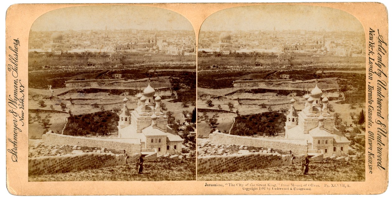 यरुशलम, जैसा कि जैतून, फिलिस्तीन के पर्वत से देखा गया, 1897। द्वारा अंडरवुड और अंडरवुड
