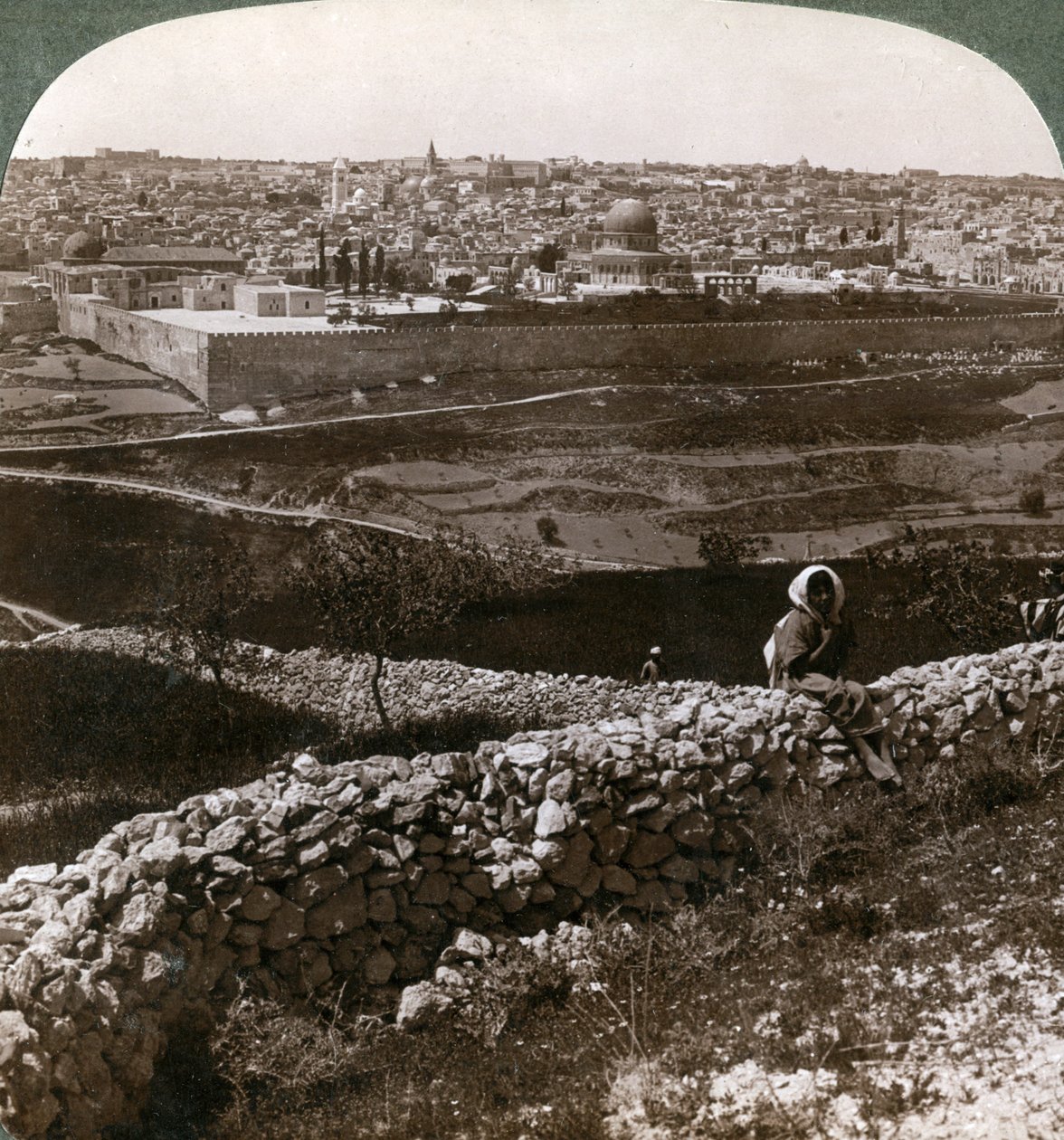 यरूशलेम, जैसा कि दक्षिण-पूर्व से देखा गया है, मंदिर, फिलिस्तीन, 1900 के दशक की साइट दिखा रहा है। द्वारा अंडरवुड और अंडरवुड