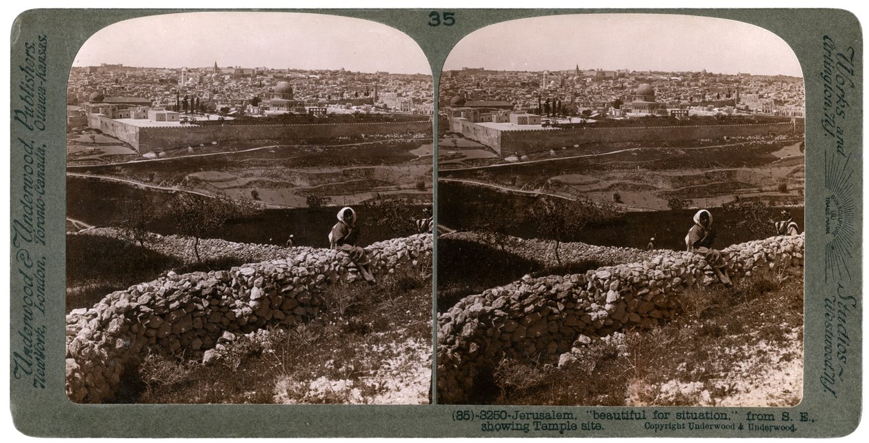 यरूशलेम, जैसा कि दक्षिण-पूर्व से देखा गया है, मंदिर, फिलिस्तीन, 1900 के दशक की साइट दिखा रहा है। द्वारा अंडरवुड और अंडरवुड