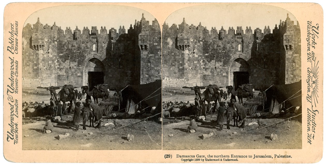 दमिश्क गेट, यरूशलेम के लिए प्रवेश द्वार, फिलिस्तीन, 1899। द्वारा अंडरवुड और अंडरवुड