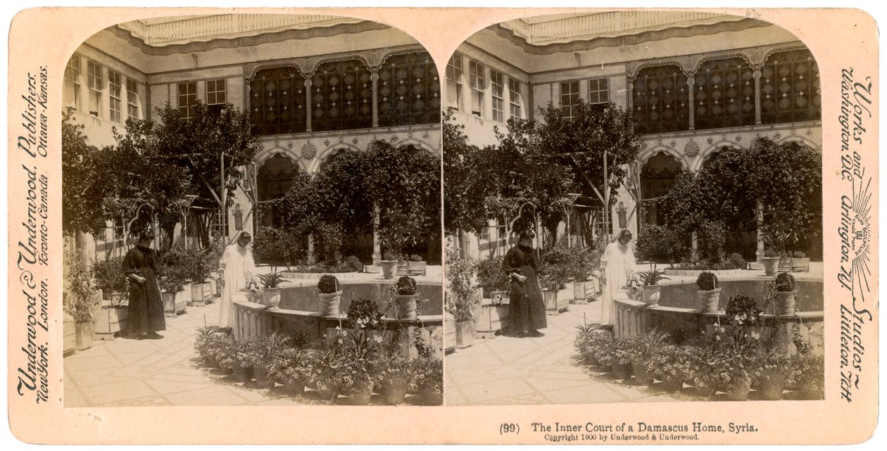 दमिश्क के घर, सीरिया, 1900 की आंतरिक अदालत। द्वारा अंडरवुड और अंडरवुड