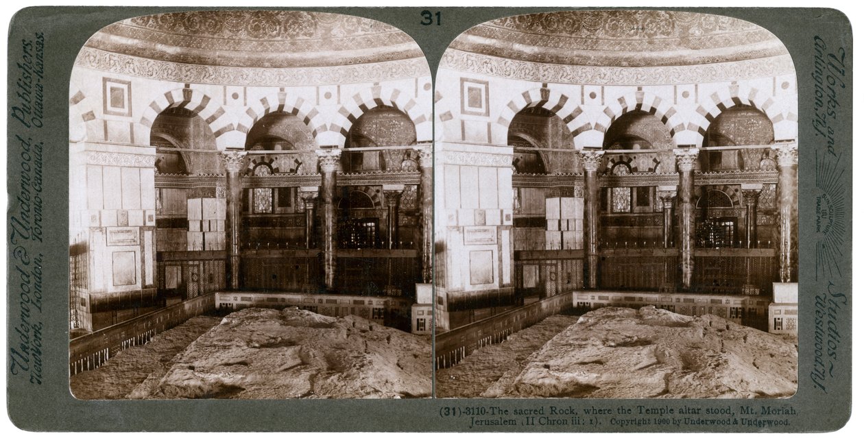 पवित्र चट्टान, जहां मंदिर ऑल्टर खड़ा था, माउंट मोरिया, यरुशलम, फिलिस्तीन, 1900। द्वारा अंडरवुड और अंडरवुड