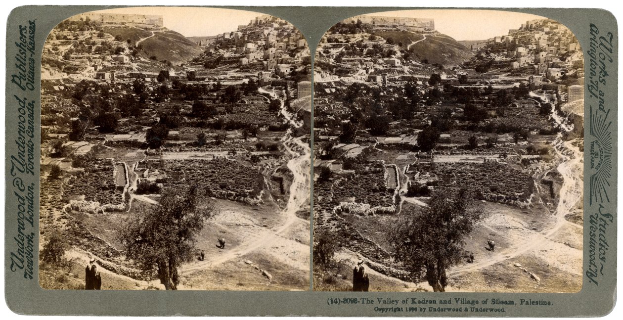 यरुशलम, फिलिस्तीन, 1896 की दीवार के बाहर केदारोन की घाटी और सिलोआम गाँव। द्वारा अंडरवुड और अंडरवुड