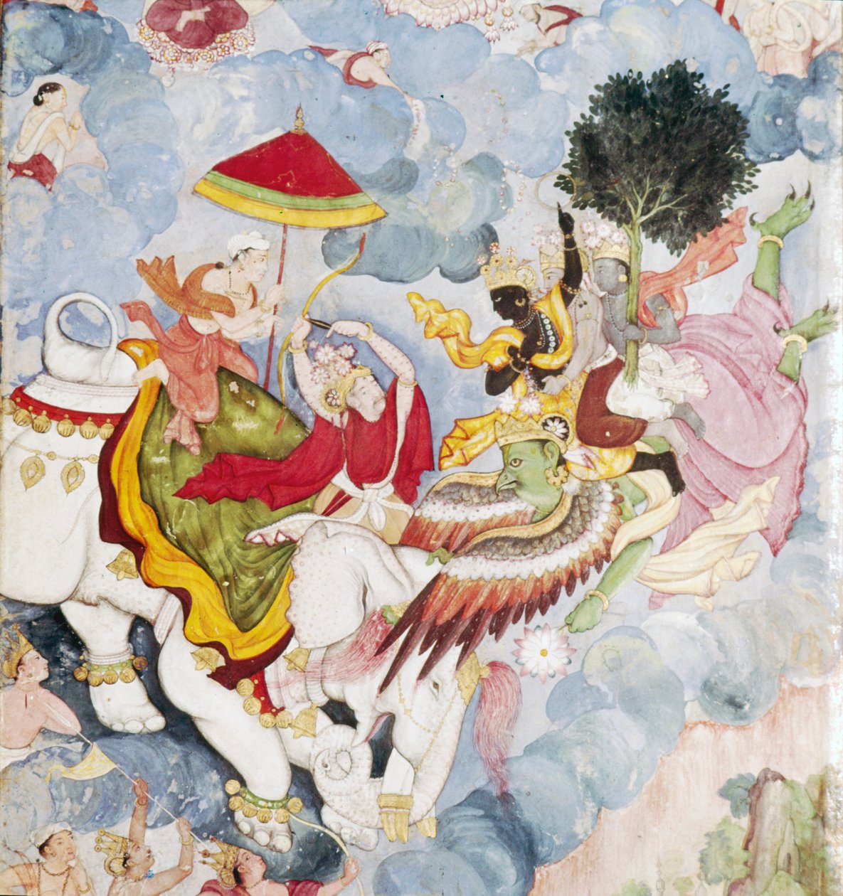 कृष्ण, पक्षी-भगवान पर, गरुड़ हाथी पर इंद्र से लड़ते हैं, हरिवंश पांडुलिपि, c1590 द्वारा अज्ञात