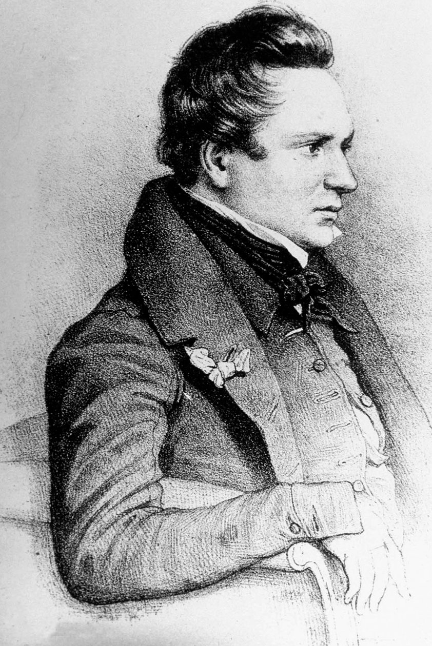 विक्टर ह्यूगो (1802-1885) फ्रांसीसी लेखक, यहाँ 1832 में, लियोननेल के बाद जॉर्जेस फ्रे द्वारा उत्कीर्ण द्वारा अज्ञात