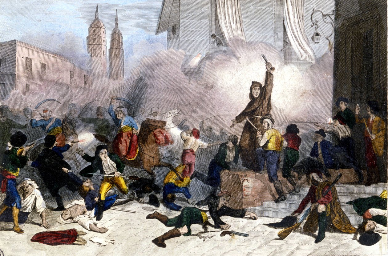 2/05/1808: स्पेन के फ्रांसीसी अधिग्रहण के खिलाफ मैड्रिड विद्रोह। 1830 के आसपास लिथोग्राफी। द्वारा अज्ञात कलाकार