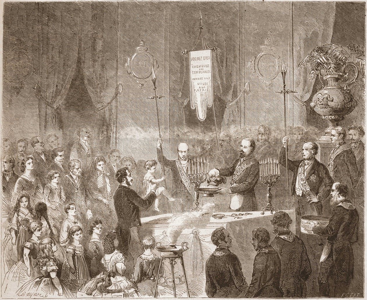 1861 में फ्रैटरनेल एमिटिव के लॉज में एक मैकोनिक बैप्टेम। द्वारा अज्ञात कलाकार