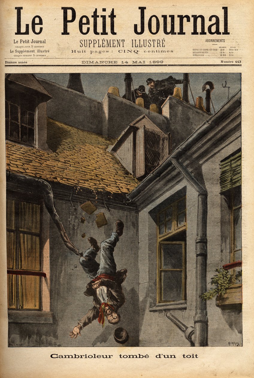 नाज़रेथ में नोट्रे डेम स्ट्रीट की छतों से एक चोर गिर जाता है, पुलिस अधिकारियों के सामने भागने के लिए। "" ले पेटिट जर्नल "" 14/5/1899 में उत्कीर्णन। सेल्वा संग्रह। द्वारा अज्ञात कलाकार