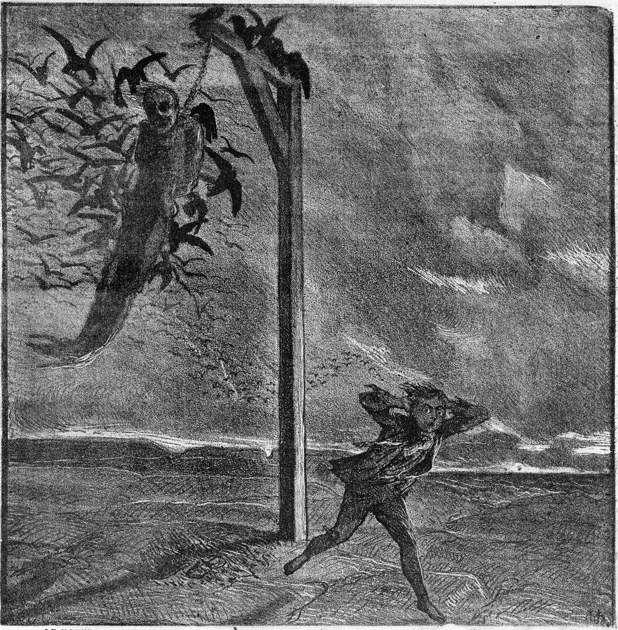 एक बच्चा कौवे द्वारा खाए गए एक फाँसी वाले व्यक्ति की दृष्टि से भयभीत है - विक्टर ह्यूगो द्वारा "द मैन हू लाफ्स" का चित्रण (1802-1885) - "ले जर्नल इलस्ट्रेटी" में उत्कीर्णन द्वारा अज्ञात कलाकार