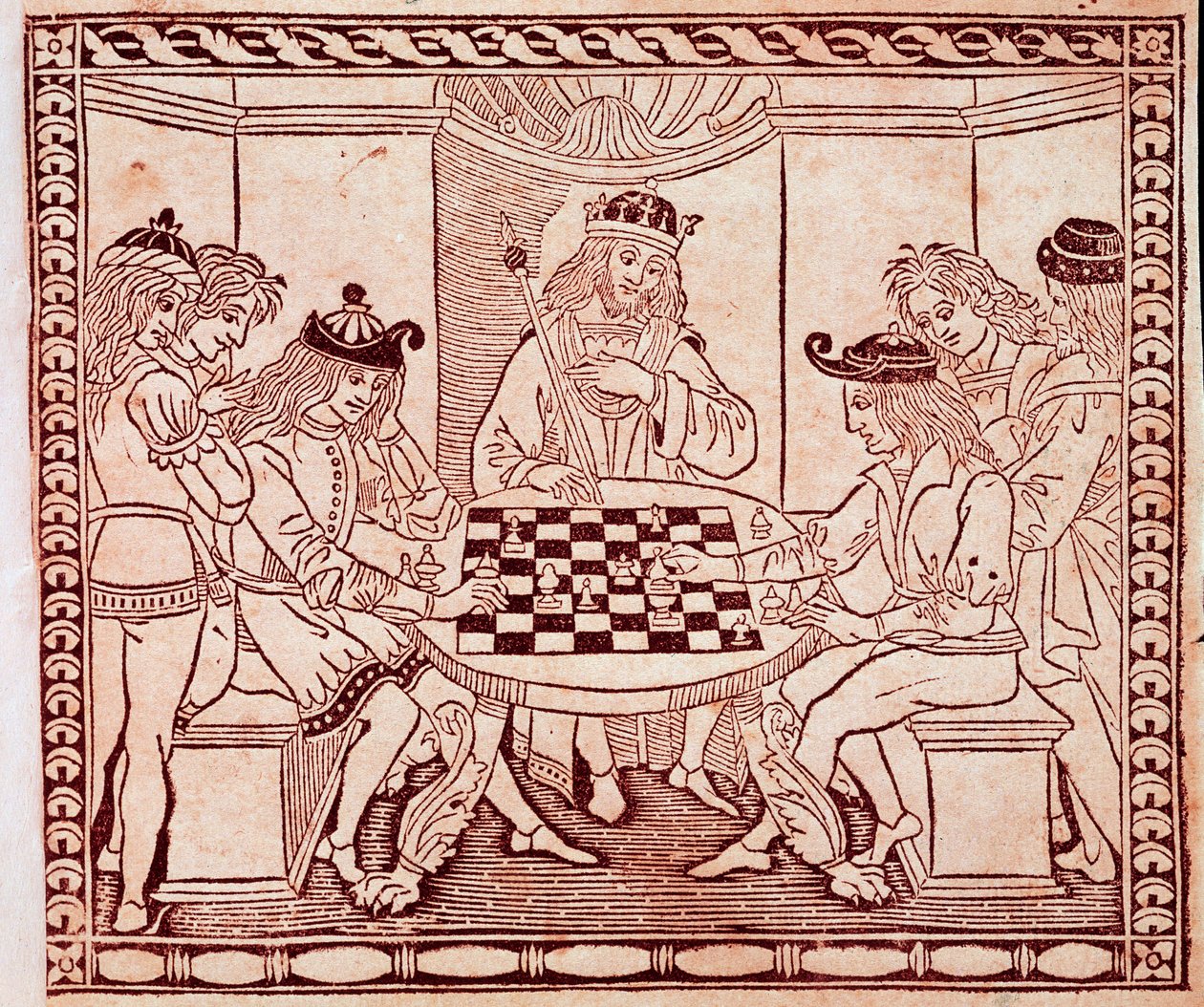 जैकोपो डी सेसोल्स (14वीं शताब्दी) वेनिस बिब्लियोटेका मार्सियाना द्वारा "डी लूडो स्कोरकोरम" के अग्रभाग से एक शतरंज का खेल ज़ाइलोग्राफी देख रहा एक राजा द्वारा अज्ञात कलाकार