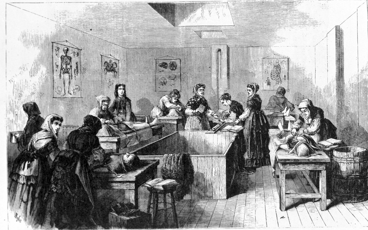 1890 में संयुक्त राज्य अमेरिका में एक मुर्दाघर। द्वारा अज्ञात कलाकार