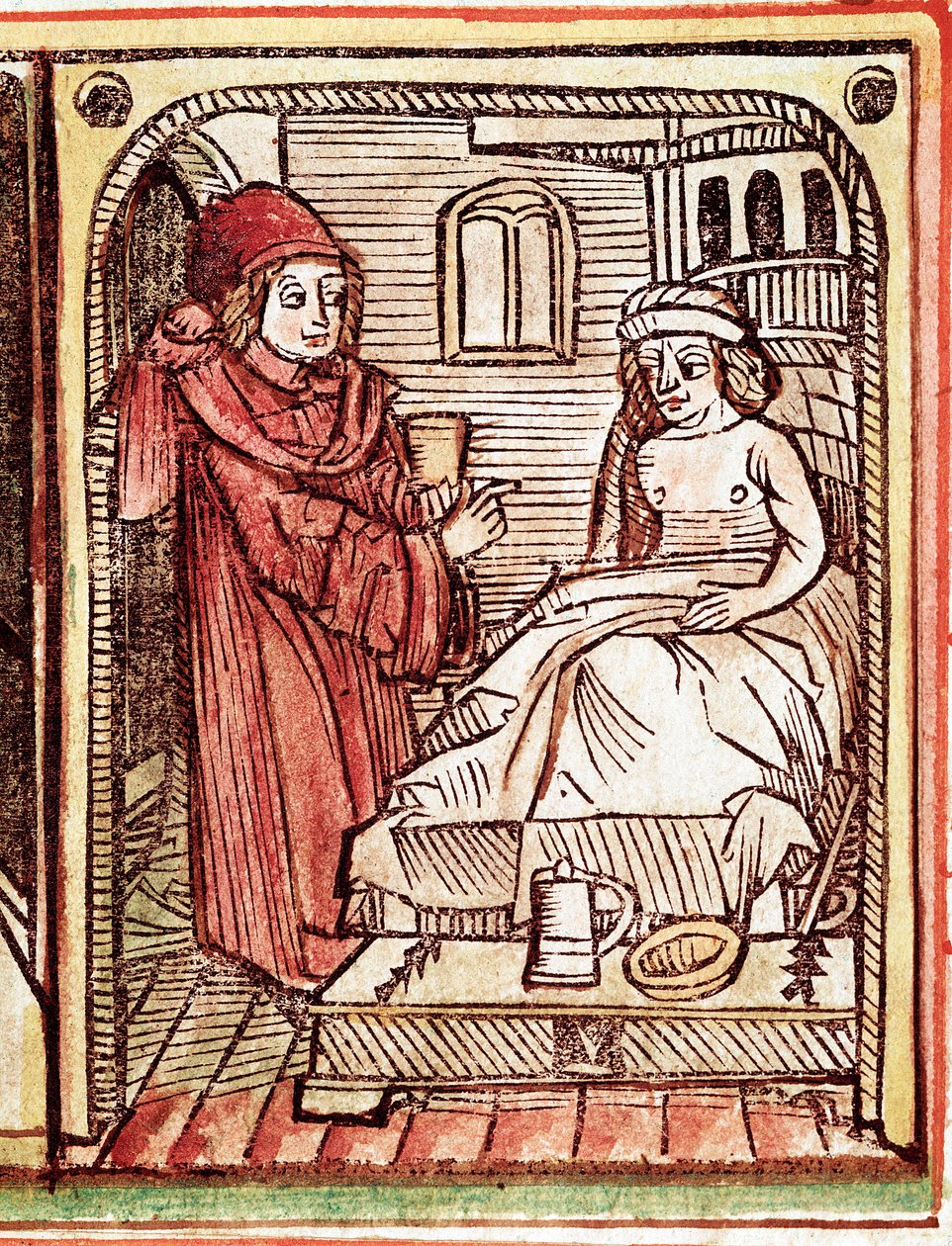 एक चिकित्सक अपने रोगी को 15वीं शताब्दी के "ट्रैक्टैटस डी पेस्टिलेंटिया" से उत्कीर्ण औषधीय पौधों से उपचार देता है - प्राग, राष्ट्रीय पुस्तकालय द्वारा अज्ञात कलाकार