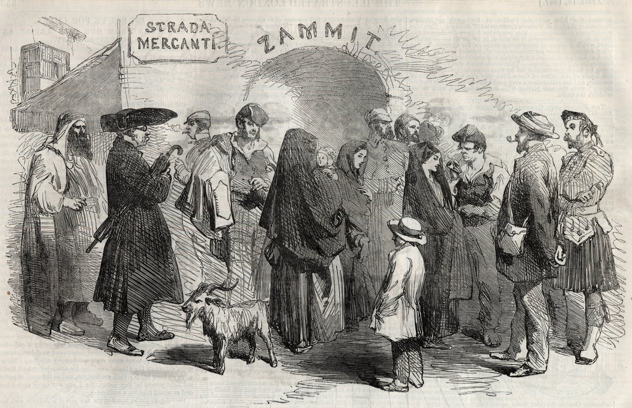 1857 में माल्टा (माल्टा) द्वीप पर वैलेटटा (वालेटा) में एक सड़क। द्वारा अज्ञात कलाकार