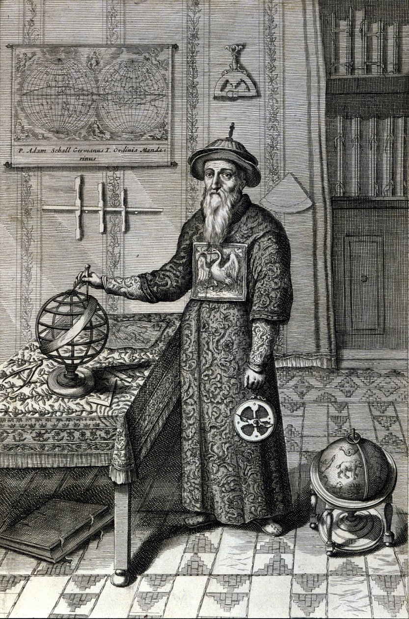 एडम शॉल, खगोलशास्त्री (1592-1666) पेकिन वेधशाला में मंदारिन पोशाक में, "चीन" में अथानसे किरचर (या अथानासियस किरचेरी) द्वारा द्वारा अज्ञात कलाकार