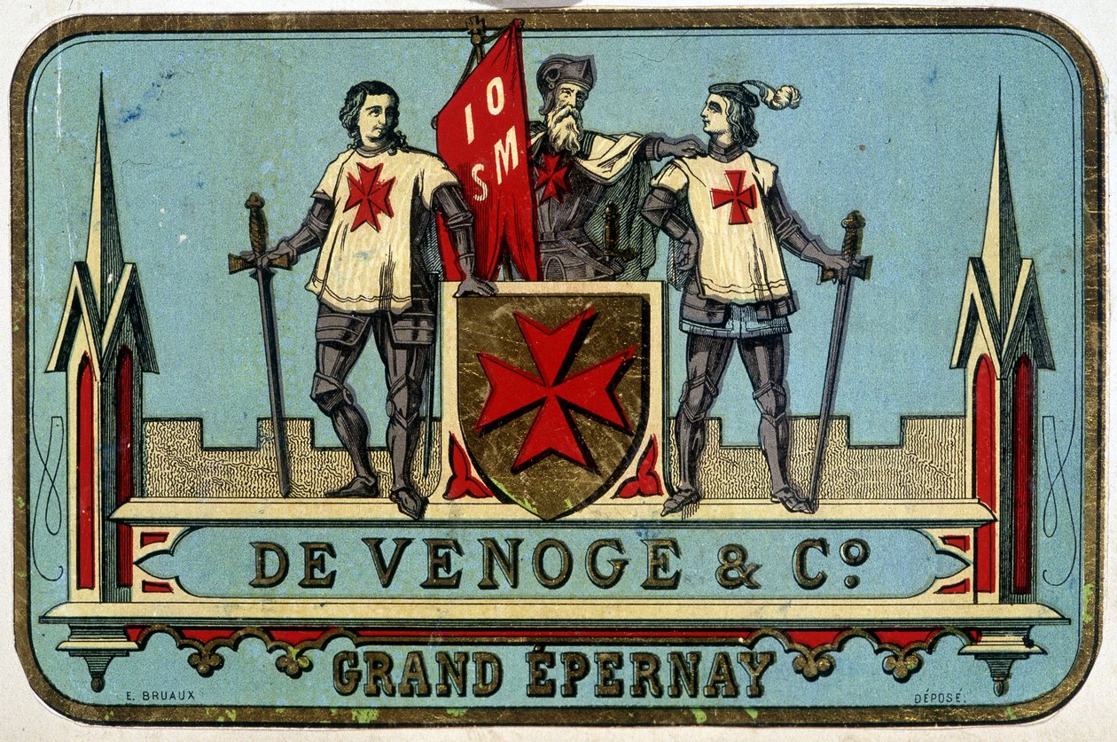 "" Venoge - Grand Epernay"" (माल्टा के शूरवीरों) का विज्ञापन लेबल। एन डी. 19 वी सदी। द्वारा अज्ञात कलाकार