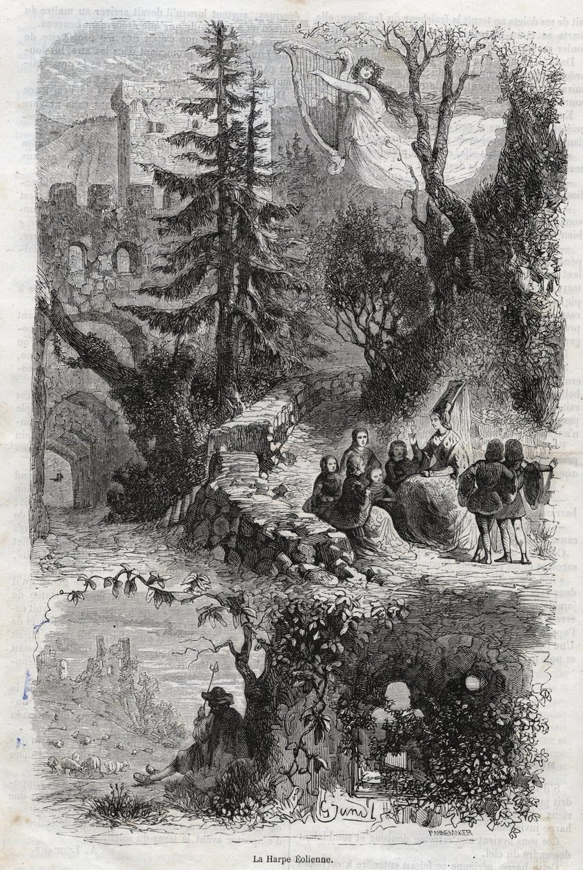 ऐओलियन वीणा - पवन वीणा - अरपा एओलिया - पवन वीणा - हवा द्वारा बजाया जाने वाला संगीत वाद्ययंत्र - 1860 से उत्कीर्णन द्वारा अज्ञात कलाकार