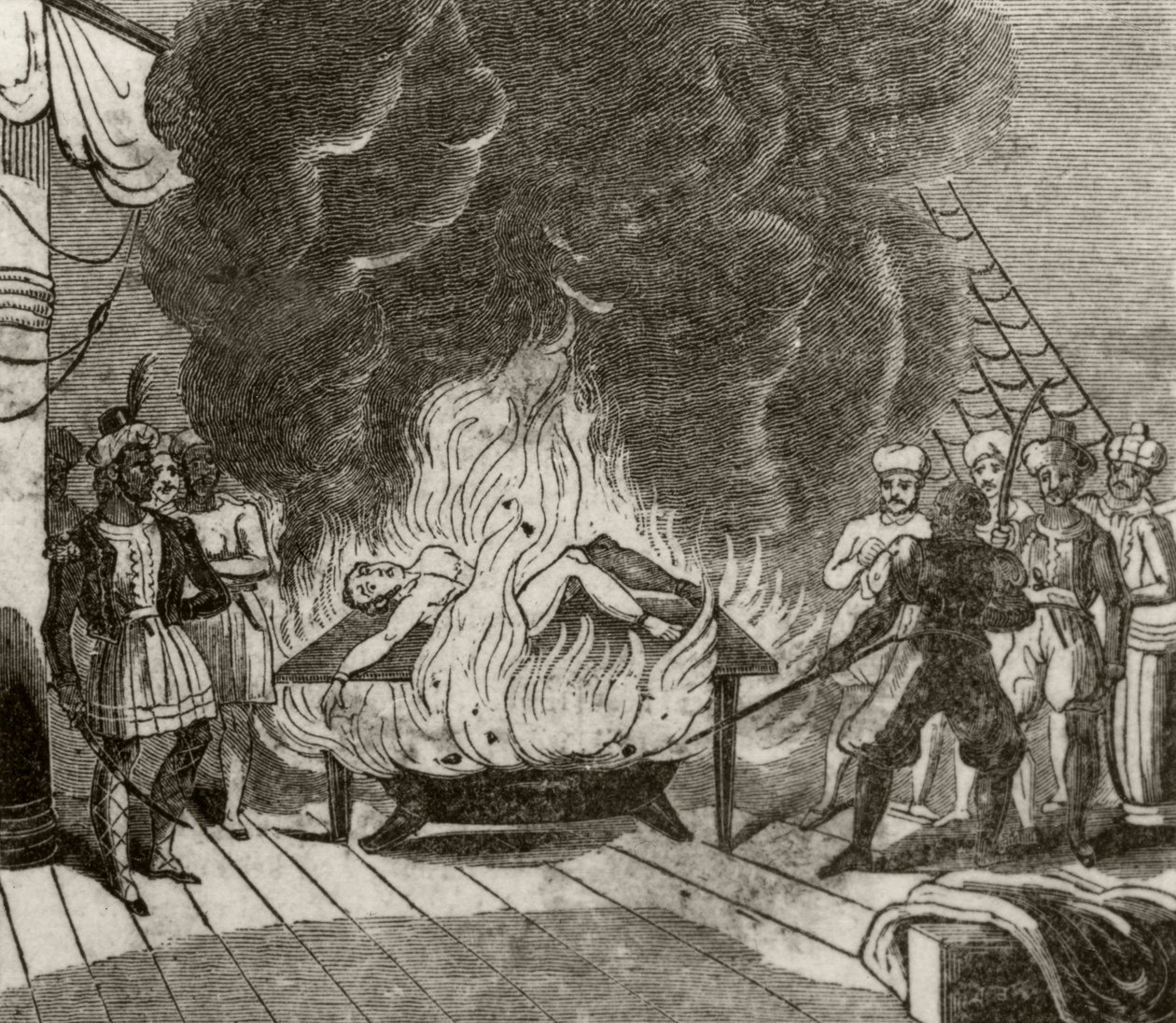 'अंगोरा, द इंडियन पाइरेट, रोस्टिंग द इंग्लिश कैप्टन जिंदा', c.1836 द्वारा अज्ञात कलाकार