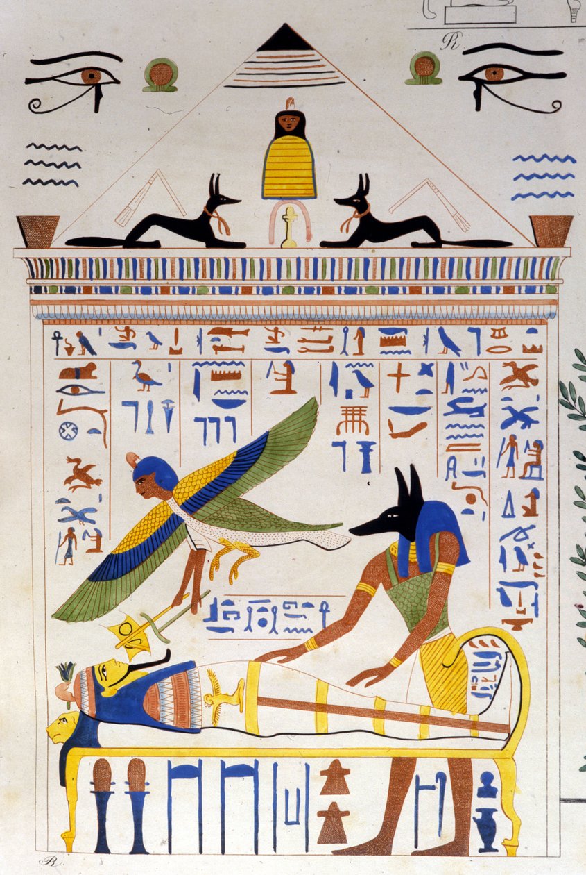 अनुबिस ममी की देखभाल करता है जबकि मृतक की आत्मा स्थानांतरण के लिए उड़ान भरती है - इपोलिटो रोसेलिनी (रोसेलिनी) द्वारा "मिस्र और ऊपरी नूबिया के स्मारक" में। द्वारा अज्ञात कलाकार