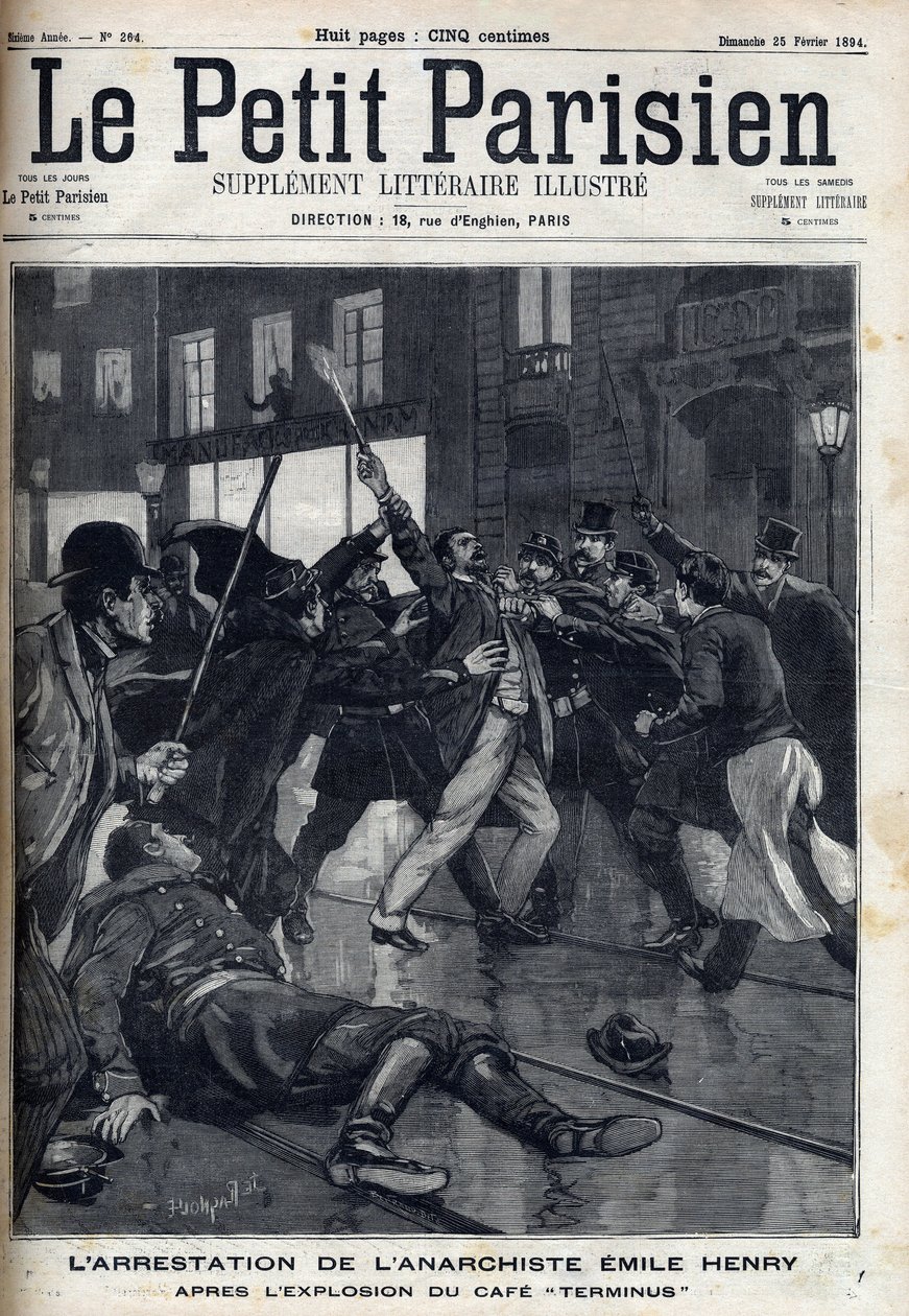 पेरिस में कैफे "टर्मिनस" के विस्फोट के बाद अराजकतावादी एमिल हेनरी (1872-1894) की गिरफ्तारी। "" ले पेरिसियन "" में उत्कीर्णन द्वारा अज्ञात कलाकार