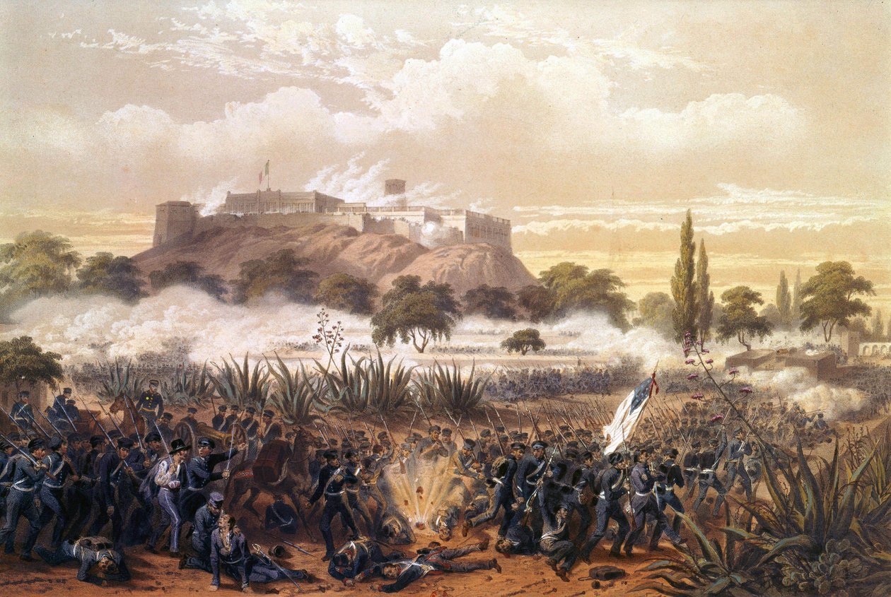 संयुक्त राज्य अमेरिका और मेक्सिको के बीच युद्ध के दौरान सितंबर 1847 में चापल्टेपेक पर हमला। 1850 से उत्कीर्णन। द्वारा अज्ञात कलाकार