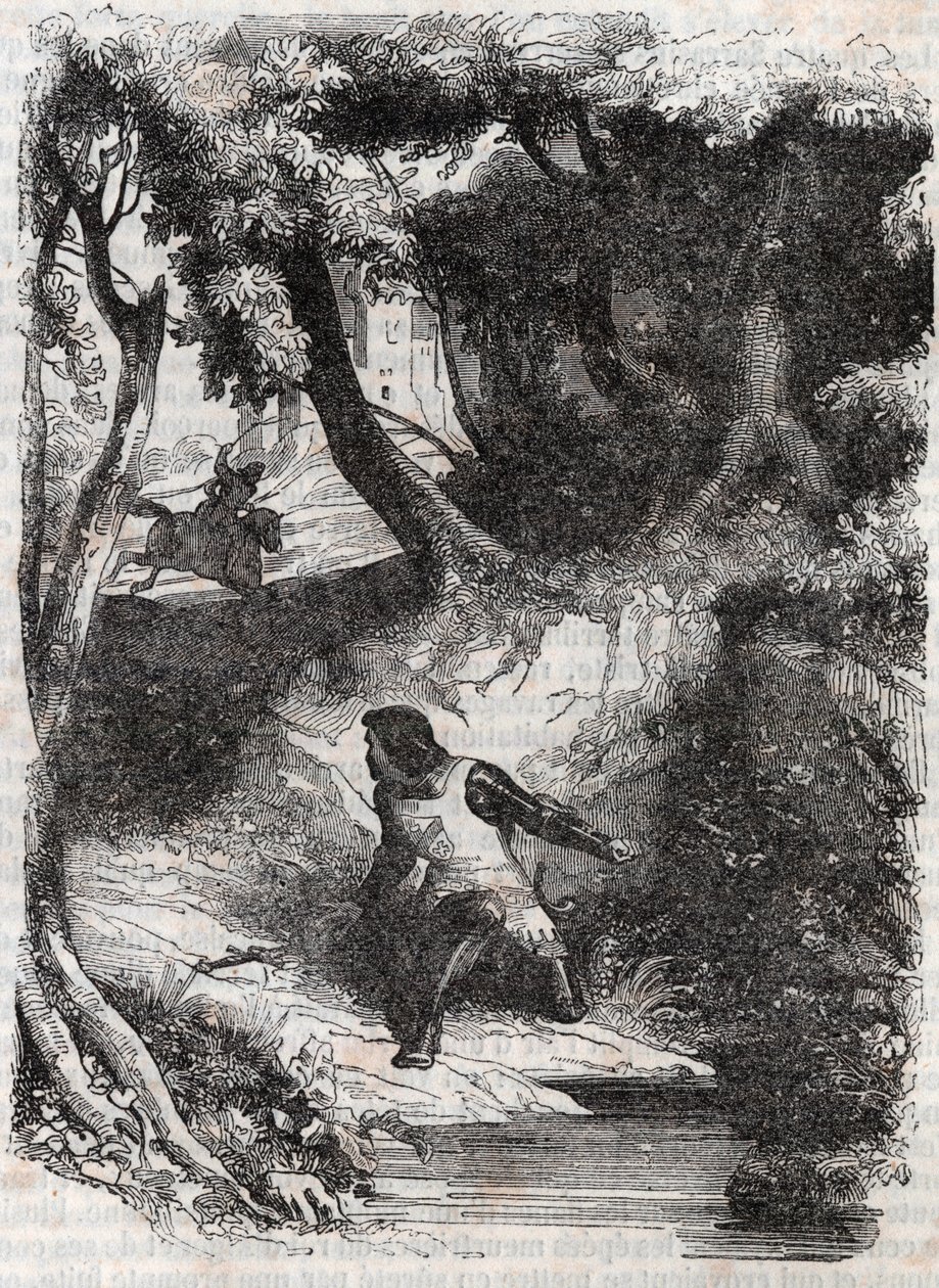 एक फव्वारे के किनारे पर एस्टोल्फ़ - लुडोविको एरियोस्टो द्वारा "" फ्यूरियस रोलैंड "" (ऑरलैंडो फ्यूरियोसो) (16 वीं शताब्दी) से 1851 की उत्कीर्णन, जिसे एरियोस्टा के रूप में जाना जाता है - काउंट ऑफ ट्रेसन द्वारा इतालवी से अनुवादित संस्करण औ द्वारा अज्ञात कलाकार