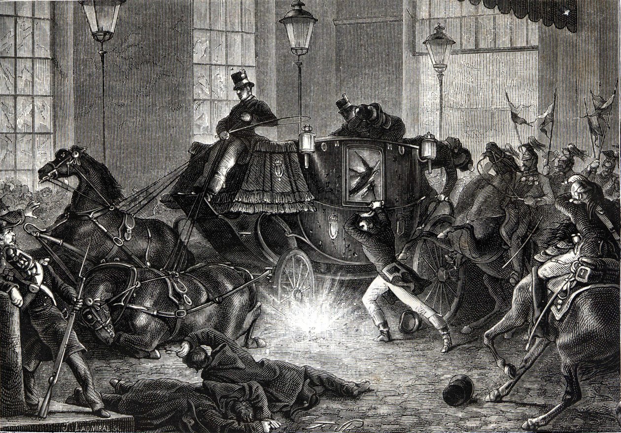 01/01/1858 को नेपोलियन III के खिलाफ फेलिस ओरसिनी का हमला - हेनरी मार्टिन द्वारा "" L'Histoire de France" में द्वारा अज्ञात कलाकार