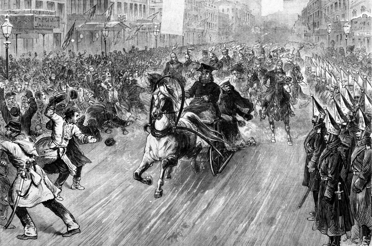 1881 में सेंट पीटर्सबर्ग में ज़ार अलेक्जेंडर II (1818 - 1881) पर हमला। 19 वीं शताब्दी का चित्रण। द्वारा अज्ञात कलाकार