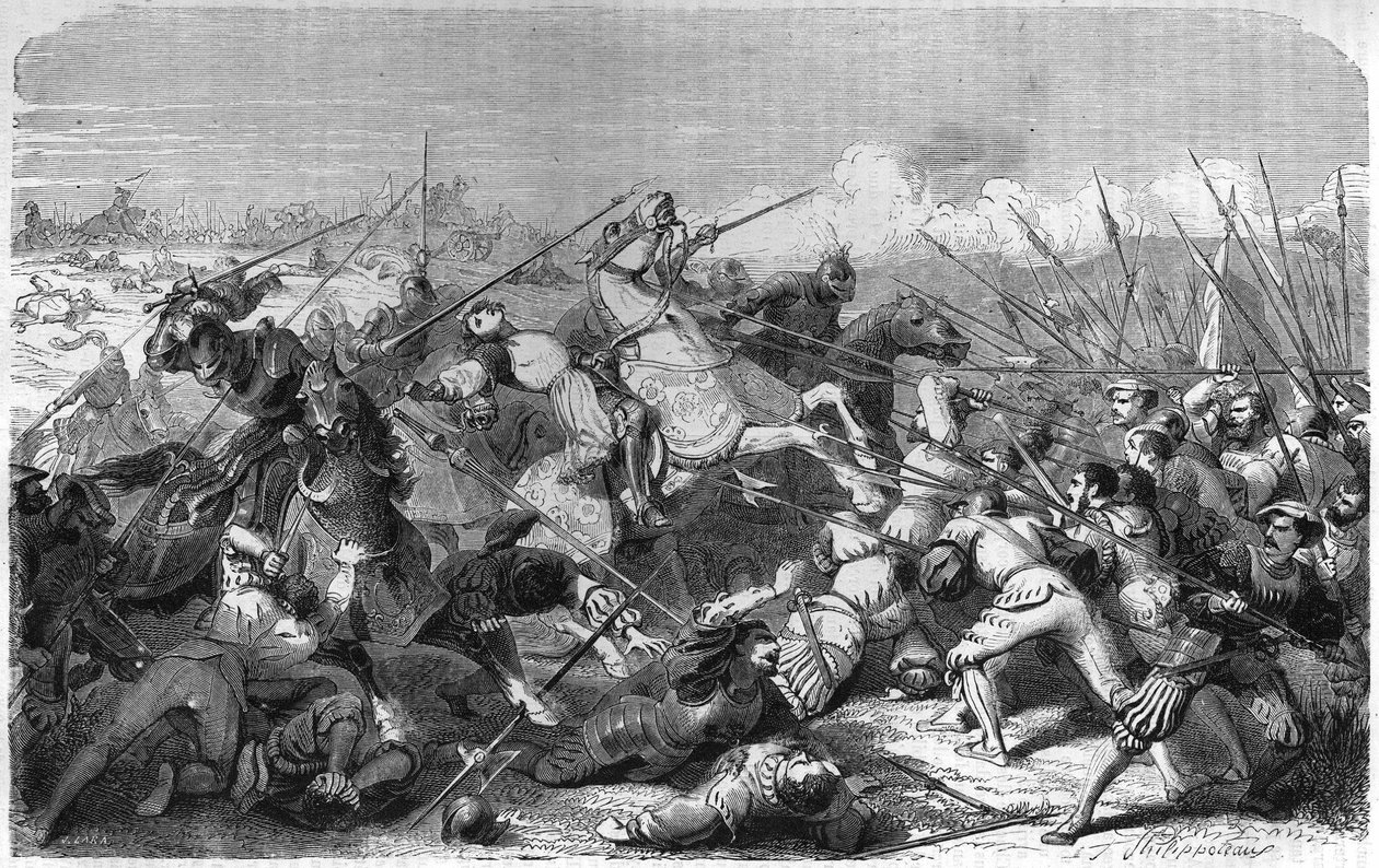 रवेना (इटली) की लड़ाई, 11 अप्रैल 1512 को फॉइक्स ड्यूक ऑफ नेमोर्स (1489-1512) के गैस्टन की मृत्यु। 19वीं शताब्दी की नक्काशी। द्वारा अज्ञात कलाकार
