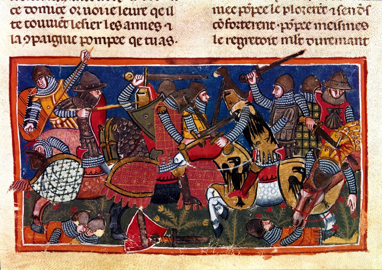 युद्ध के दृश्य "रोमन के तथ्य" पर एक फ्रांसीसी कोडेक्स से लघुचित्र जूल्स सीजर (101 ईसा पूर्व -44 ईसा पूर्व) तक के प्राचीन इतिहास का वर्णन करता है। 13वीं सदी का वेनिस, बिब्लियोटेका मार्सियाना द्वारा अज्ञात कलाकार