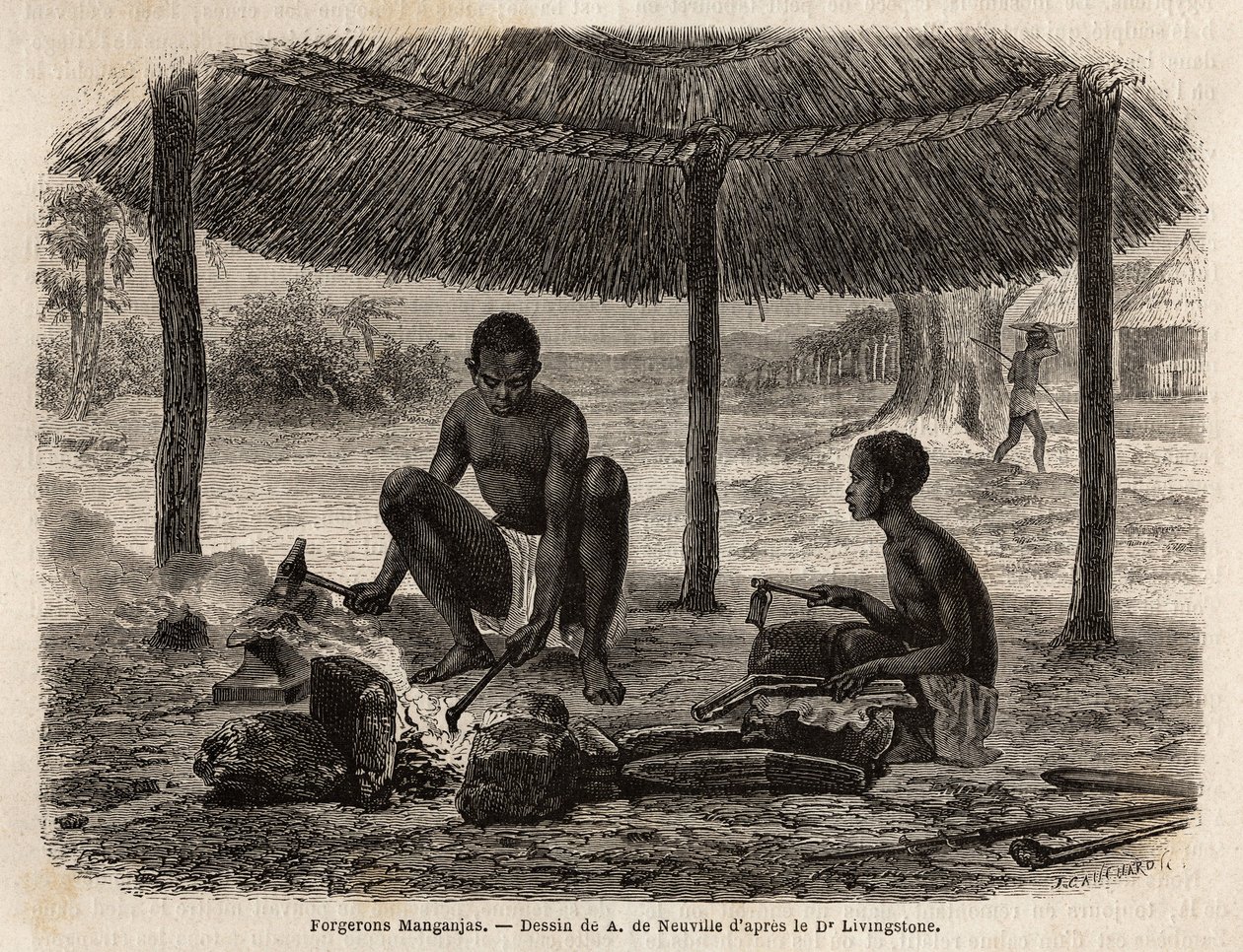 लोहार मंगंज (ज़ाम्बेज़ क्षेत्र का जातीय समूह)। एडौर्ड चार्टन के निर्देशन में प्रकाशित "ले टूर डू मोंडे, नोव्यू जर्नल डेस वॉयेजेस" में 1840 से 1856 तक डॉ. लिविंगस्टोन की दक्षिणी अफ्रीका की पहली यात्राओं को चित्रित करने के लिए उत्कीर्णन द्वारा अज्ञात कलाकार