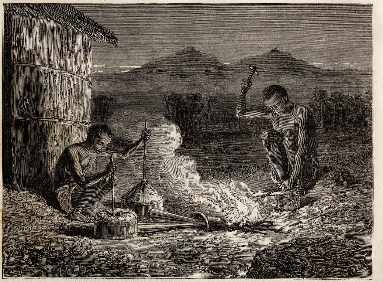 ज़ाम्बीज़ नदी के तट पर सिमियांगो में लोहार। एडौर्ड चार्टन के निर्देशन में प्रकाशित "ले टूर डू मोंडे, नोव्यू जर्नल डेस वॉयेजेस" में 1840 से 1856 तक डॉ. लिविंगस्टोन की दक्षिणी अफ्रीका की पहली यात्राओं को चित्रित करने के लिए उत्कीर्णन द्वारा अज्ञात कलाकार
