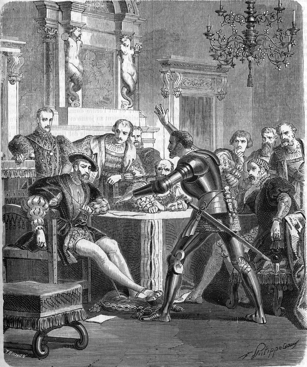 Blaise de Monluc (1502-1577), फ्रांस के मार्शल फ्रेंकोइस 1 के दरबार में। 19वीं सदी की नक्काशी। द्वारा अज्ञात कलाकार