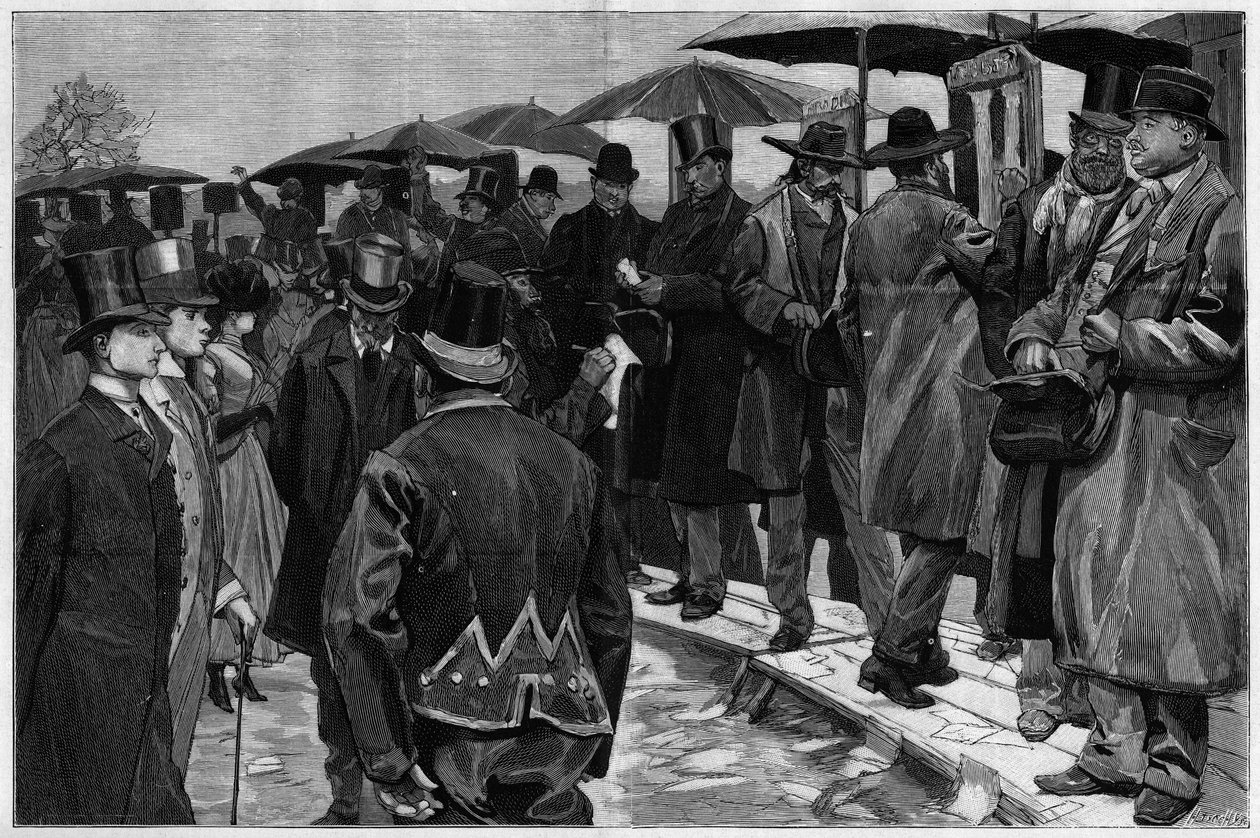 1887 में "" ले मोंडे इलस्ट्रेटे "" में पिकेट हटाए जाने से पहले औटुइल के रेसकोर्स में सट्टेबाजों ने। द्वारा अज्ञात कलाकार
