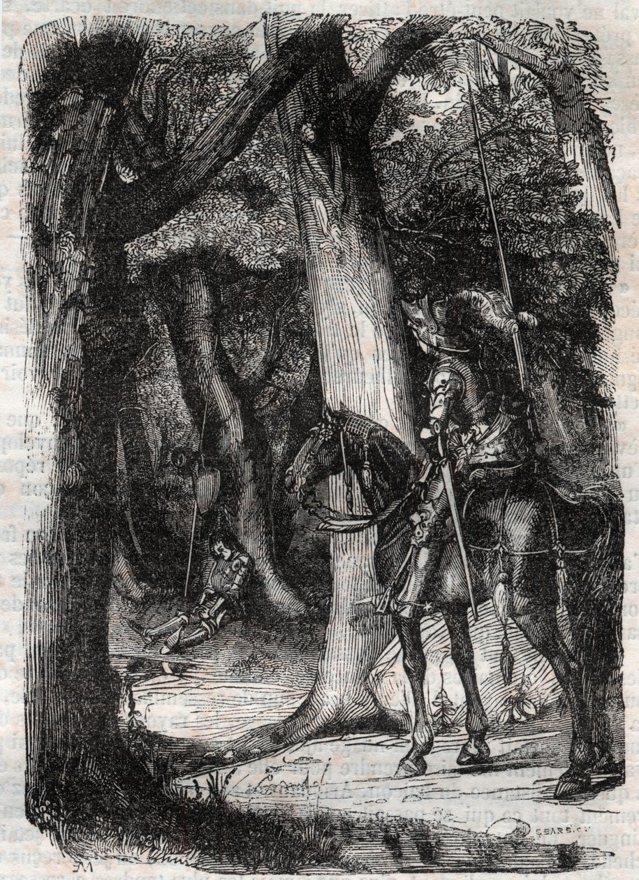 ब्रैडमांटे एपर्कोइट पिनाबेल (पिनाबेलो) - लुडोविको एरियोस्टो द्वारा "" रोलैंड फ्यूरिउक्स"" (ऑरलैंडो फ्यूरियोसो) (16 वीं शताब्दी) से 1851 की उत्कीर्णन, जिसे एरियोस्टा के रूप में जाना जाता है - काउंट ऑफ ट्रेसन द्वारा इतालवी से अनुवादित संस द्वारा अज्ञात कलाकार