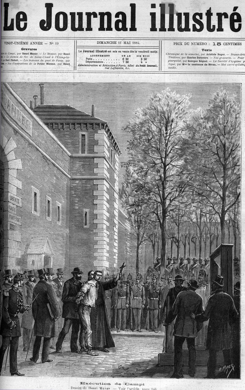 CAMPI, RUE DU REGARD का हत्यारा - "" हत्यारे मिशेल कैंपी का निष्पादन, डे ला रोक्वेट की जगह पर, 30 अप्रैल, 1884 - गिलोटिन - 1884 के "" ले जर्नल शानदार "" में उत्कीर्णन द्वारा अज्ञात कलाकार