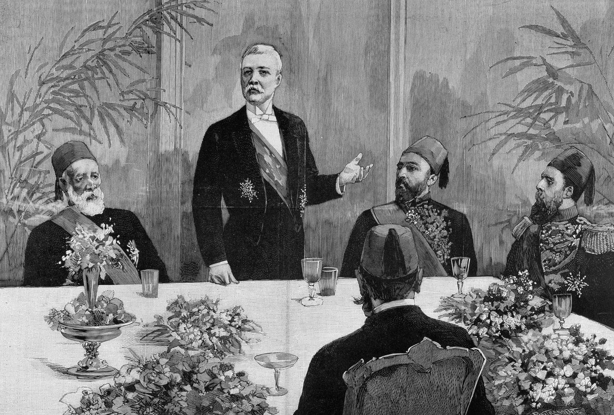 काहिरा: स्टेनली (सर हेनरी मॉर्टन) (1841 - 1904) अपने भोज में भाषण देते हैं। 19वीं सदी की नक्काशी। द्वारा अज्ञात कलाकार