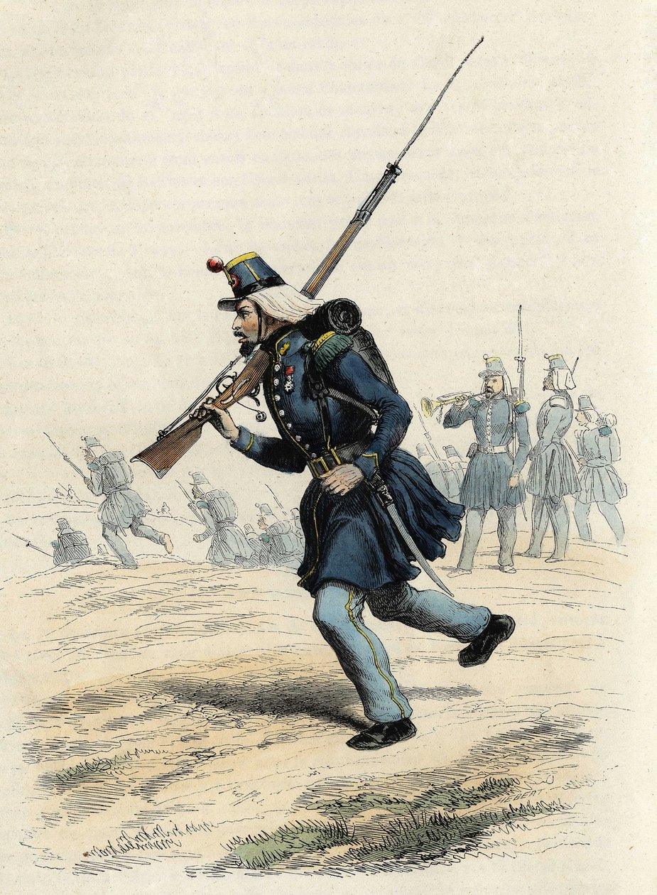 फ्रांसीसी सेना के ऑरलियन्स शिकारी के कारबिनियर्स, 1840 में बनाए गए और 1841 में अल्जीरिया भेजे गए, लियोन गैलिबर्ट द्वारा "" L'Algerie ancienne et Moderne" में द्वारा अज्ञात कलाकार