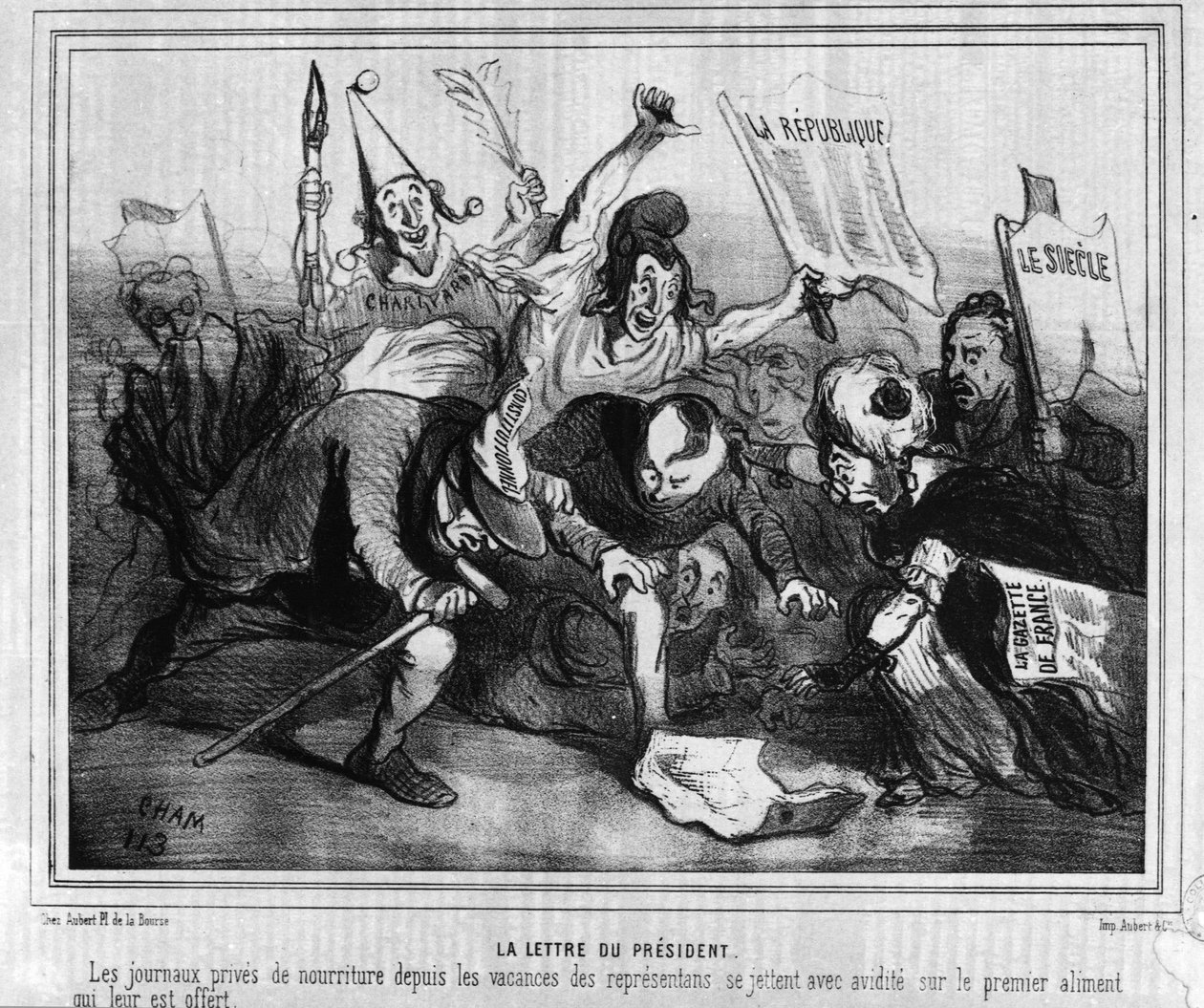 समाचार पत्रों की लड़ाई के साथ 10 दिसंबर 1848 के पहले राष्ट्रपति चुनाव के चुनाव अभियान पर कार्टून। द्वारा अज्ञात कलाकार