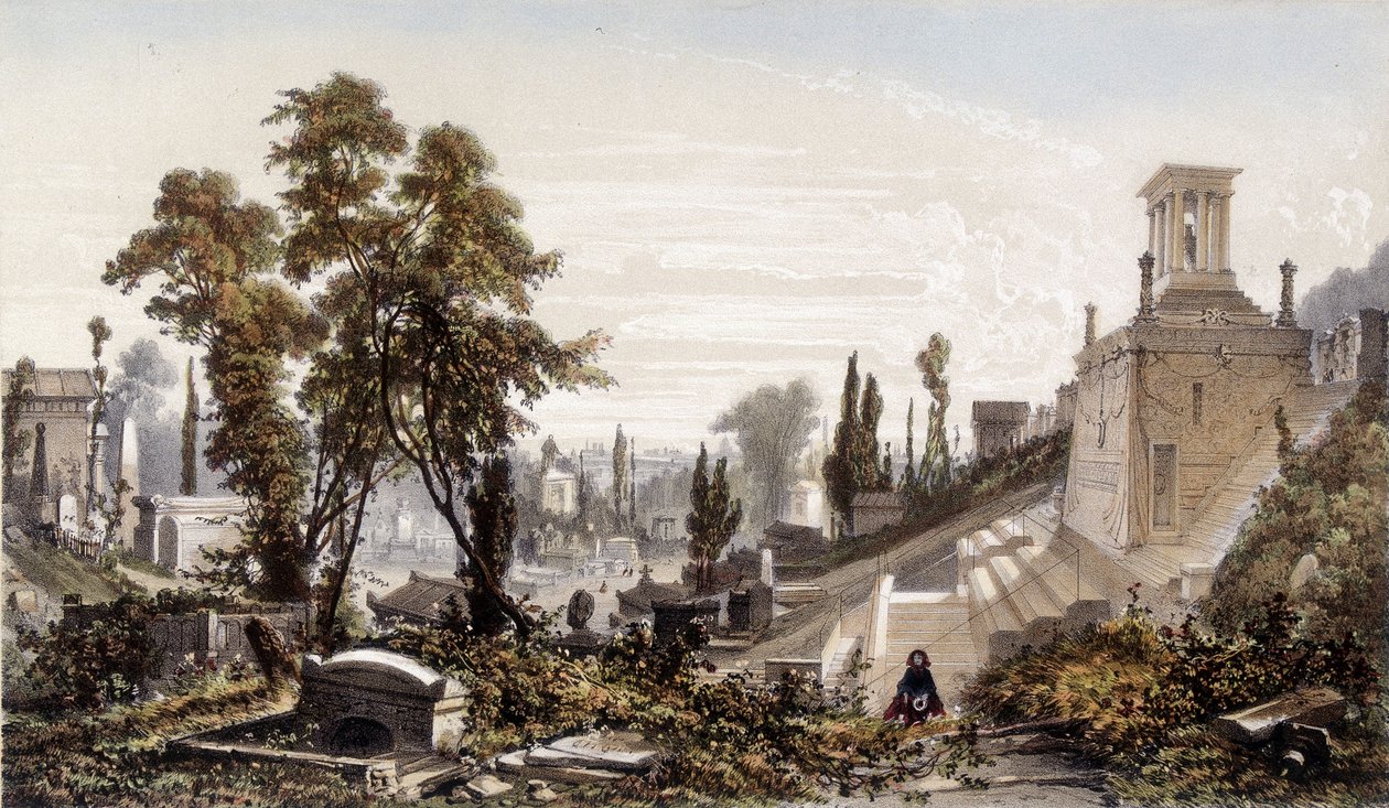 Père Lachaise का कब्रिस्तान - लिथोग्राफी द्वारा अज्ञात कलाकार