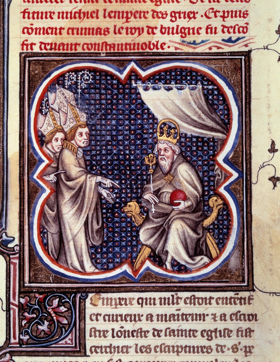 शारलेमेन और बिशप। "" ग्रैंड्स क्रॉनिकल्स डी फ्रांस में लघु। चार्ल्स वी द्वारा ग्रैंड्स क्रॉनिकल्स डी फ्रांस ”(फोलियो 102), लगभग १३७५-१३८०। बीएन, पेरिस द्वारा अज्ञात कलाकार