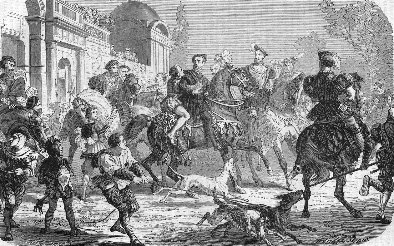 फ्रेंकोइस 1 (1494-1547) के दरबार में चार्ल्स वी (1500-1558)। द्वारा अज्ञात कलाकार