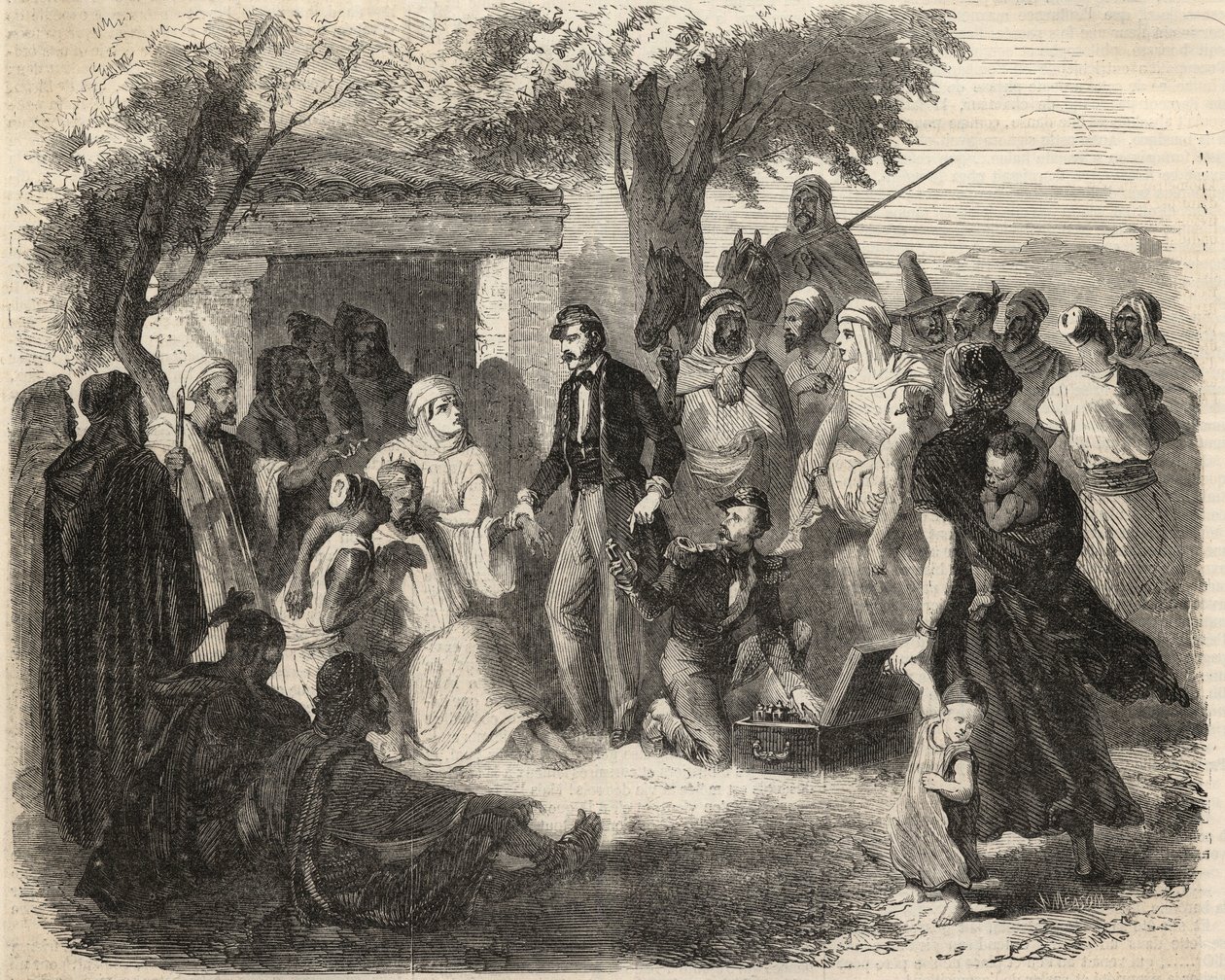 Conquete de l'Algerie: 1857 में ग्रेट काबिलिया का अभियान: फ्रांसीसी सेना के सर्जन। 1857 से "ले मोंडे शानदार" में उत्कीर्णन। निजी संग्रह। द्वारा अज्ञात कलाकार