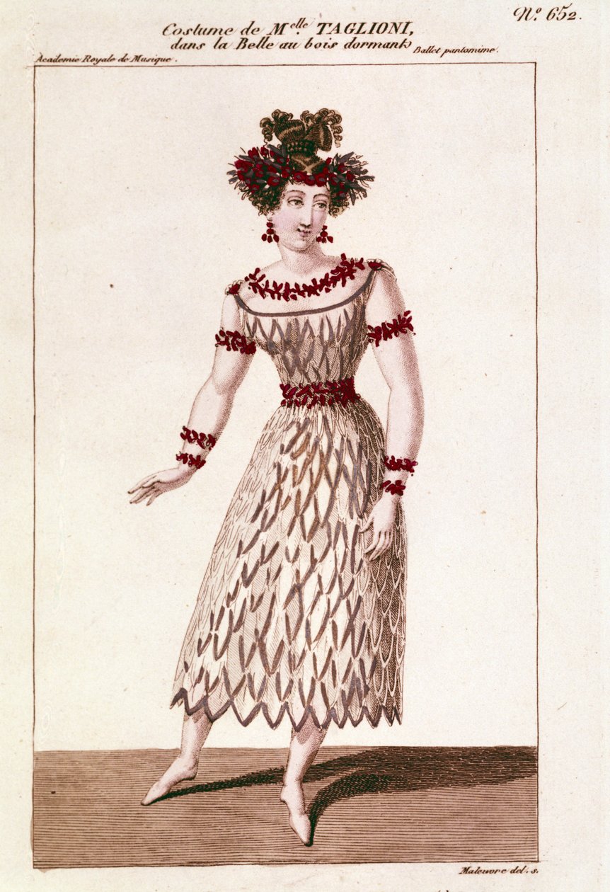 पियोट्र या पेट्र इलिच त्चिकोवस्की (या त्चिकोवस्की या सियाजकोवस्की या त्चैकोव्स्की द्वारा बैले "स्लीपिंग ब्यूटी" में नर्तकी मारिया टैग्लियोनी (1804-1884) की पोशाक द्वारा अज्ञात कलाकार